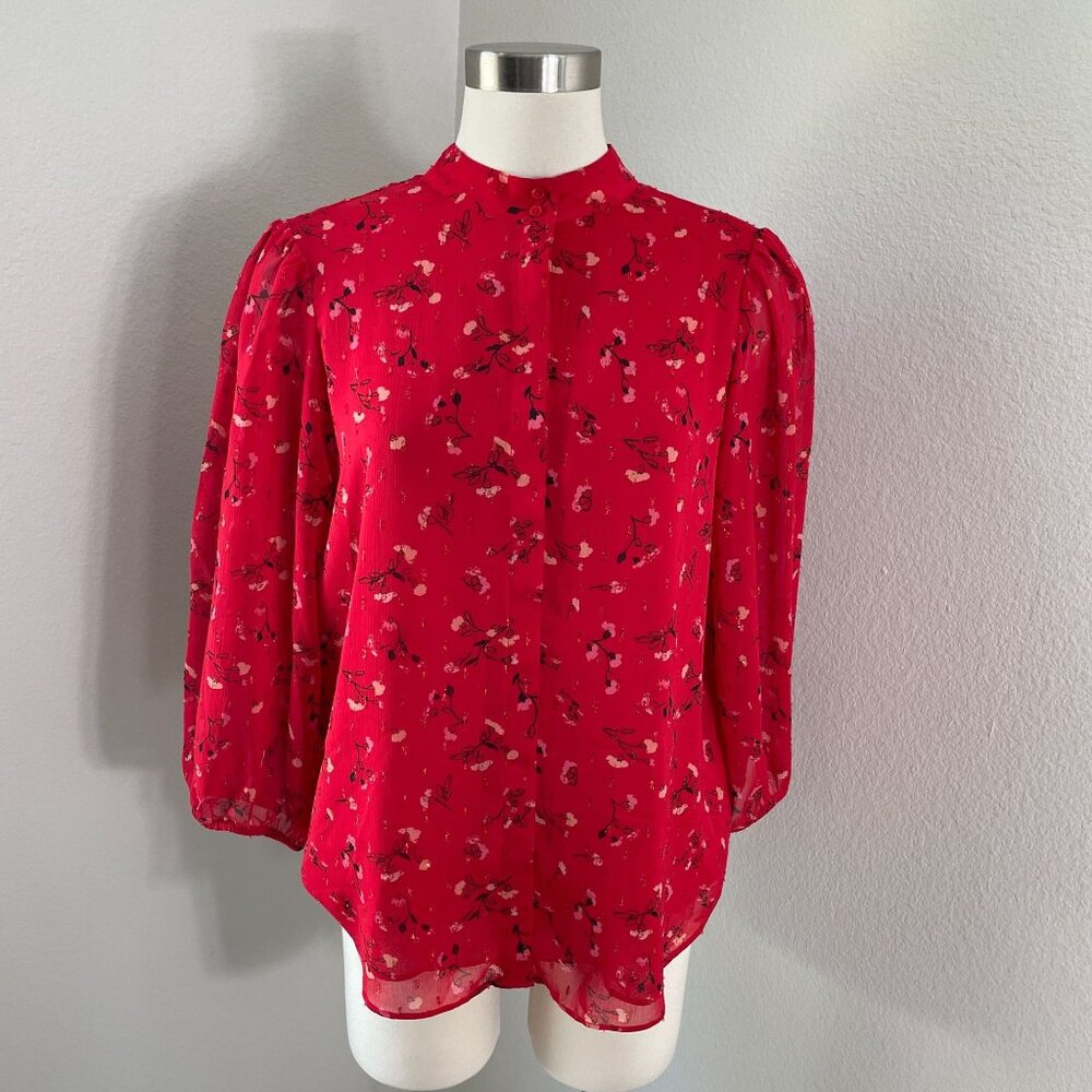 Joie Womens Large Red Floral Blouse Button Up 3/4 Sleeve Shirt Top